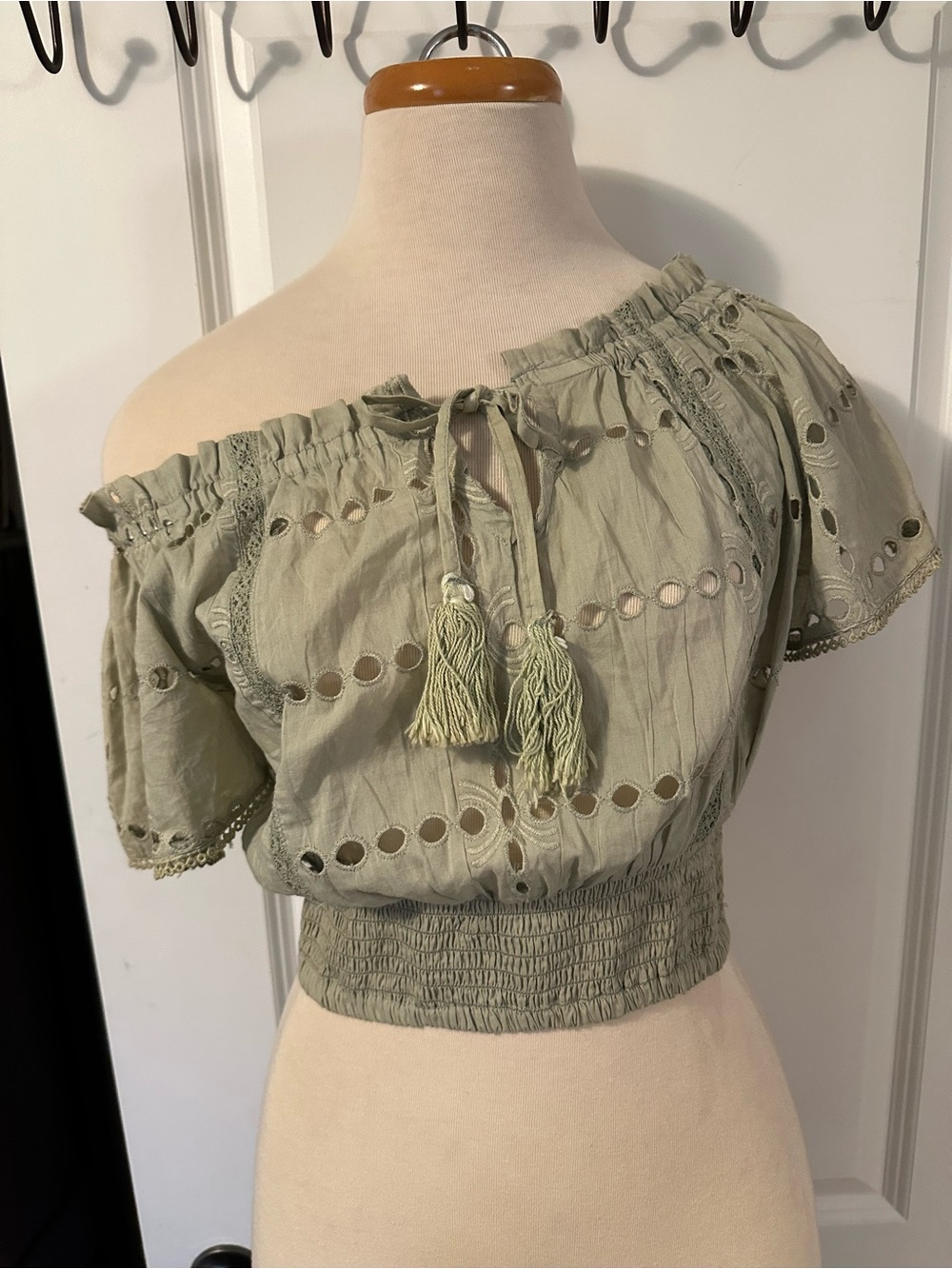 Rebellion Sage Green Off-Shoulder Eyelet Crop Top with Tassel Tie